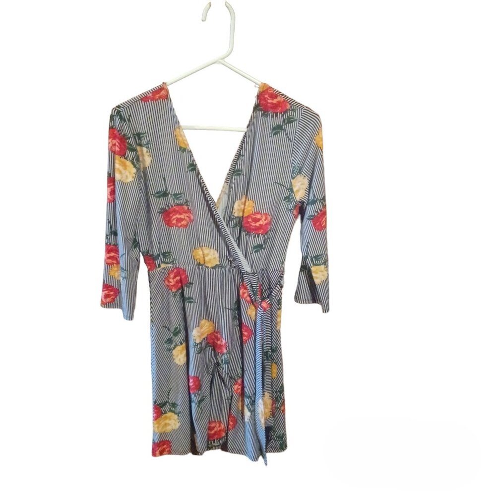 No Boundaries Faux Wrap Floral Striped Dress EUC
